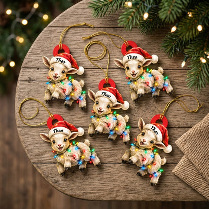 Personalized Cute Goat Xmas With Santa Hat Wood & Acrylic Ornament - Custom Name Gift - mockup 4