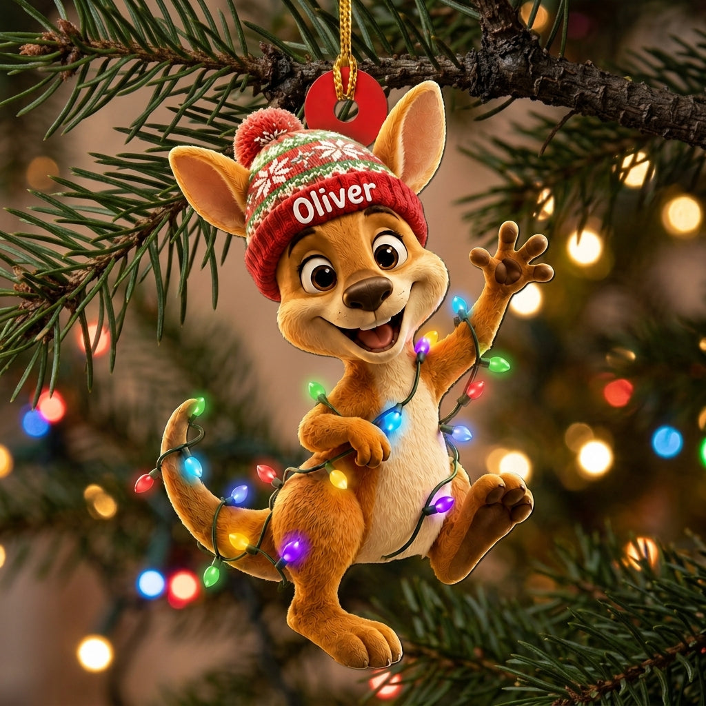 Personalized Cool Kangaroo Smiling with Beanie Wood & Acrylic Ornament - Custom Kids Gift - mockup 1