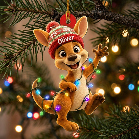Personalized Cool Kangaroo Smiling with Beanie Wood & Acrylic Ornament - Custom Kids Gift - mockup 1
