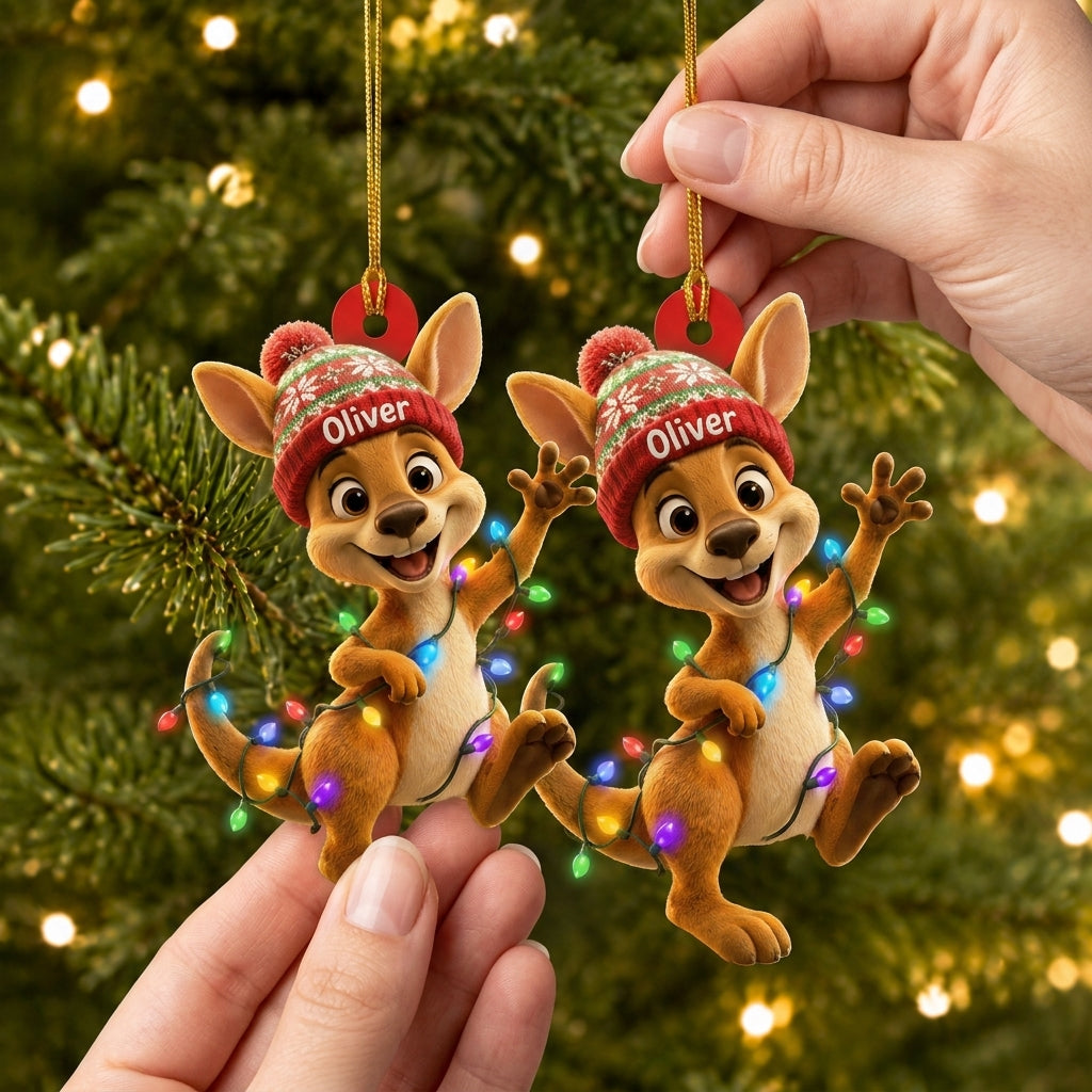 Personalized Cool Kangaroo Smiling with Beanie Wood & Acrylic Ornament - Custom Kids Gift - mockup 2