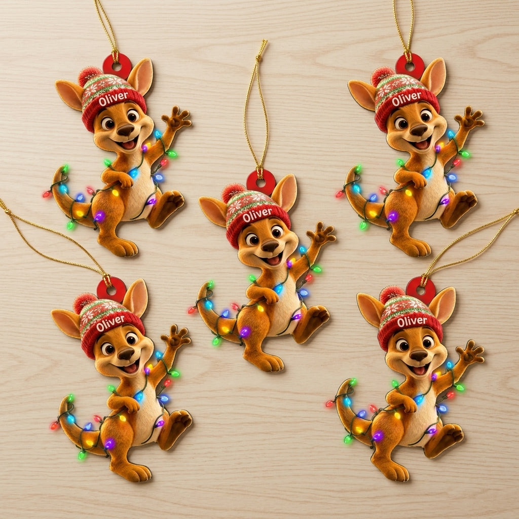 Personalized Cool Kangaroo Smiling with Beanie Wood & Acrylic Ornament - Custom Kids Gift - mockup 4