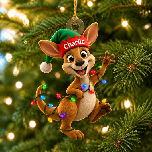 Personalized Kangaroo with ELF Hat and Led Lights Wood & Acrylic Ornament – Custom Holiday Gift - mockup 1