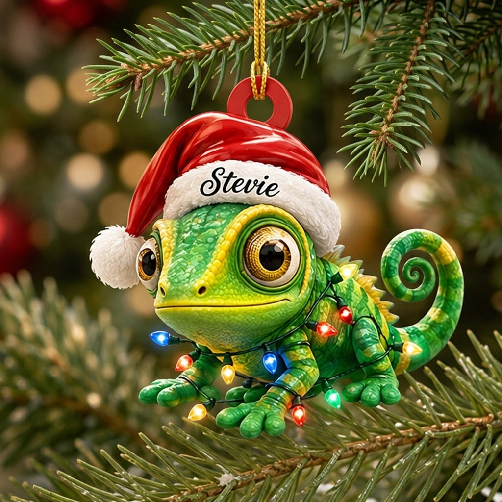 Personalized Cute Gecko Christmas Chameleon Wood & Acrylic Ornament - Reptile Gift - mockup 1
