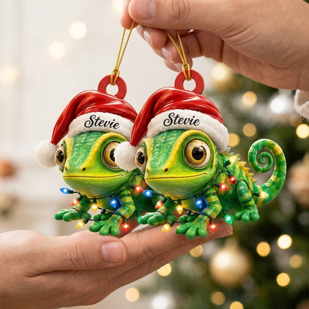 Personalized Cute Gecko Christmas Chameleon Wood & Acrylic Ornament - Reptile Gift - mockup 2