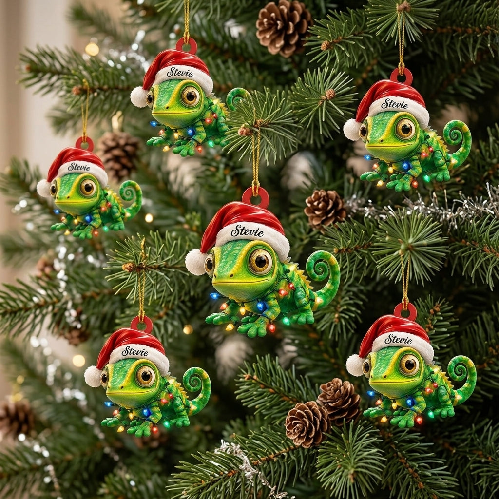 Personalized Cute Gecko Christmas Chameleon Wood & Acrylic Ornament - Reptile Gift - mockup 3
