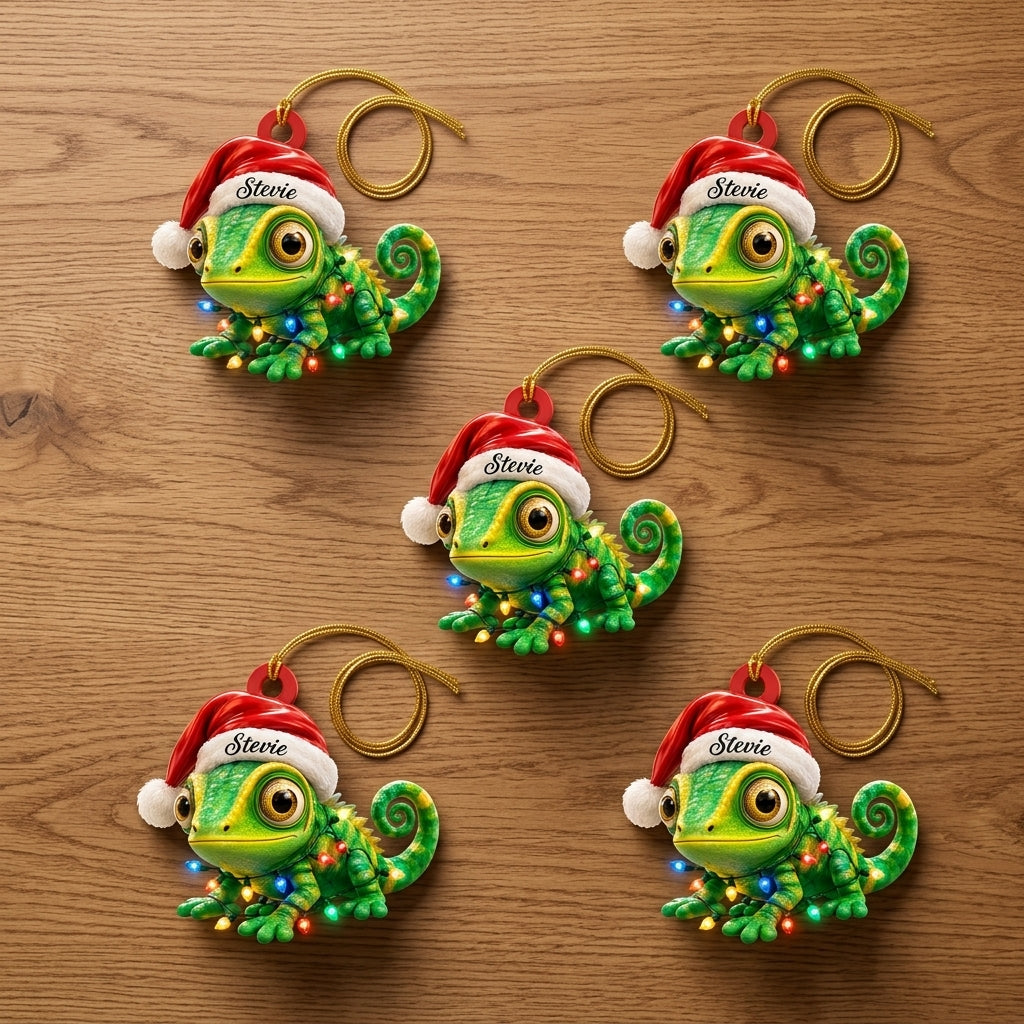Personalized Cute Gecko Christmas Chameleon Wood & Acrylic Ornament - Reptile Gift - mockup 4