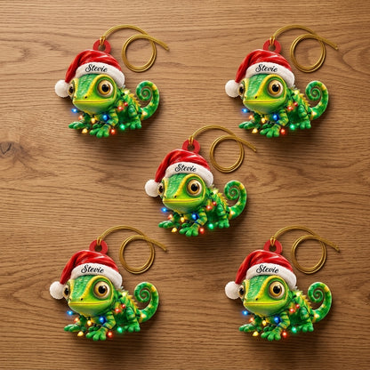 Personalized Cute Gecko Christmas Chameleon Wood & Acrylic Ornament - Reptile Gift - mockup 4