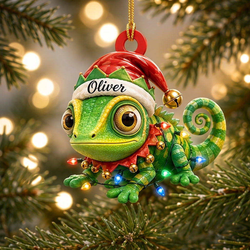 Personalized Chameleon Christmas Reptile Lover Gift Wood & Acrylic Ornament – Holiday Keepsake - mockup 1