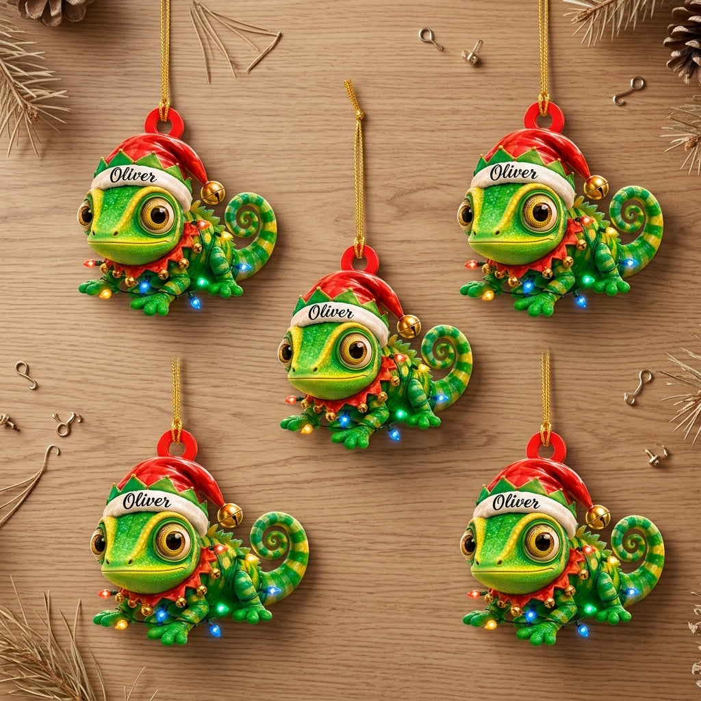 Personalized Chameleon Christmas Reptile Lover Gift Wood & Acrylic Ornament – Holiday Keepsake - mockup 4