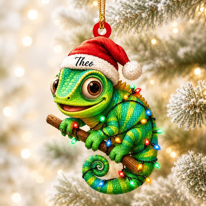 Personalized Cute Gecko Lizard Christmas Wood & Acrylic Ornament - Holiday Keepsake - mockup 1