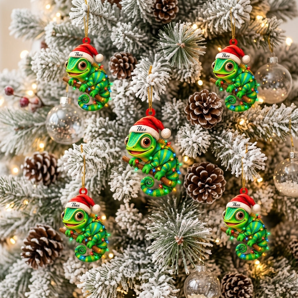 Personalized Cute Gecko Lizard Christmas Wood & Acrylic Ornament - Holiday Keepsake - mockup 3