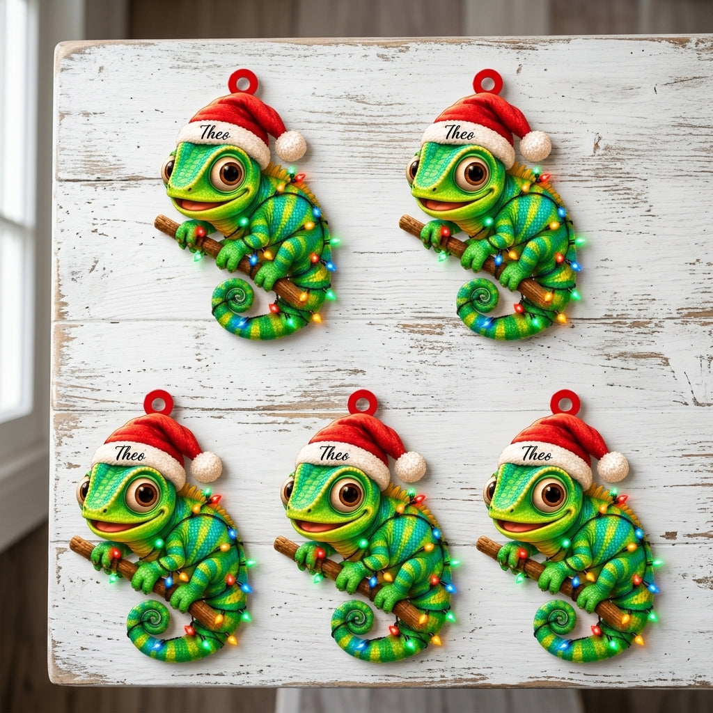 Personalized Cute Gecko Lizard Christmas Wood & Acrylic Ornament - Holiday Keepsake - mockup 4
