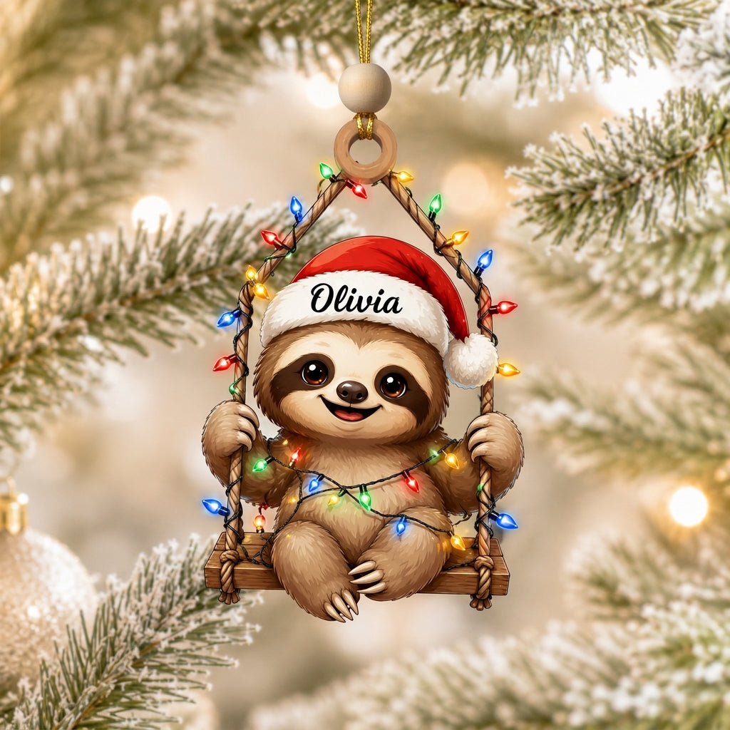 Personalized Cute Sloth Christmas Light Wood & Acrylic Ornament - Custom Holiday Gift - mockup 1