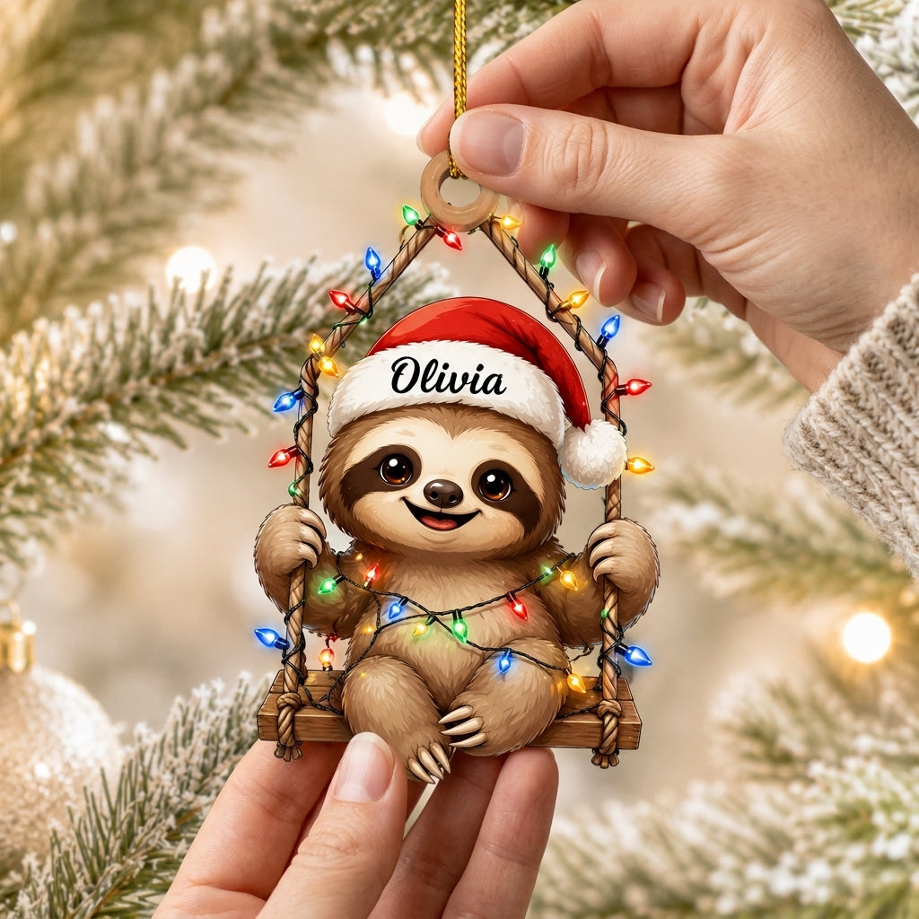 Personalized Cute Sloth Christmas Light Wood & Acrylic Ornament - Custom Holiday Gift - mockup 2