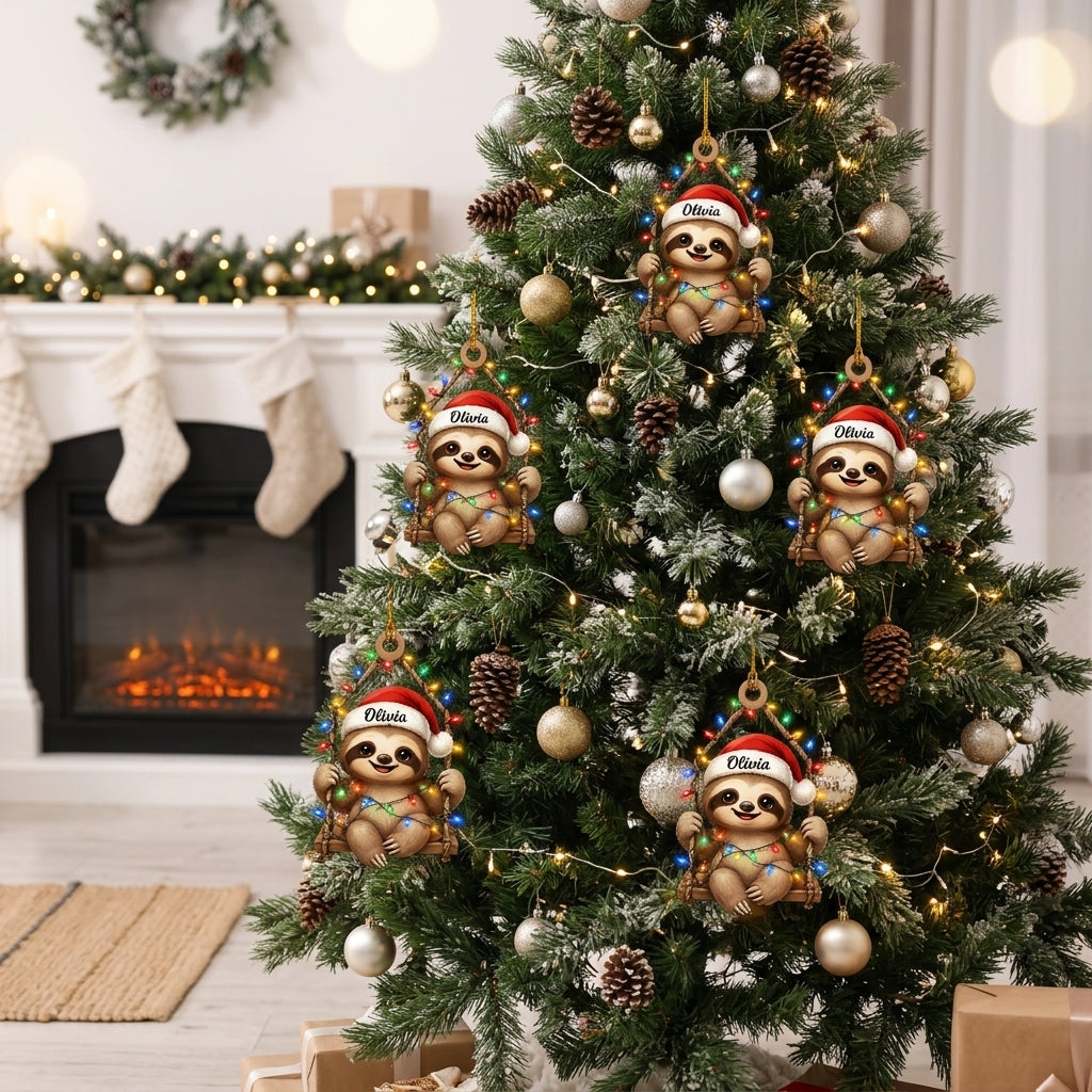Personalized Cute Sloth Christmas Light Wood & Acrylic Ornament - Custom Holiday Gift - mockup 3