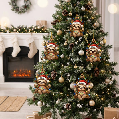 Personalized Cute Sloth Christmas Light Wood & Acrylic Ornament - Custom Holiday Gift - mockup 3