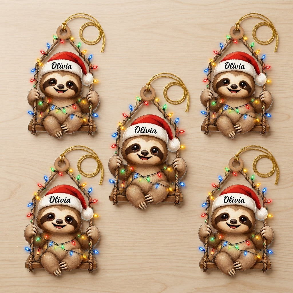 Personalized Cute Sloth Christmas Light Wood & Acrylic Ornament - Custom Holiday Gift - mockup 4