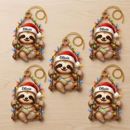 Personalized Cute Sloth Christmas Light Wood & Acrylic Ornament - Custom Holiday Gift - mockup 4