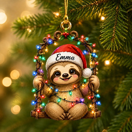 Personalized Cute Christmas Lights Sloth Wood & Acrylic Ornament – Sloth Lover Gift for Kids - mockup 1