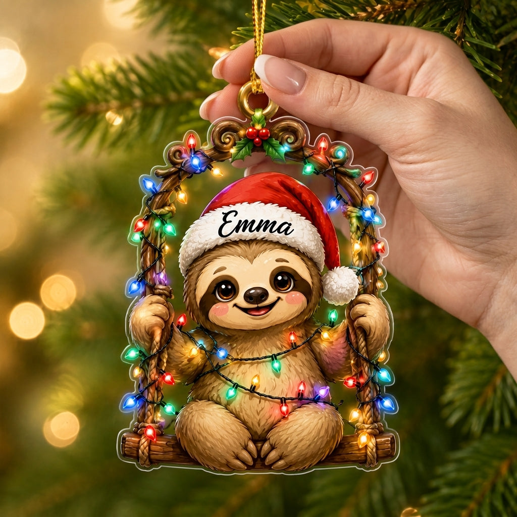 Personalized Cute Christmas Lights Sloth Wood & Acrylic Ornament – Sloth Lover Gift for Kids - mockup 2