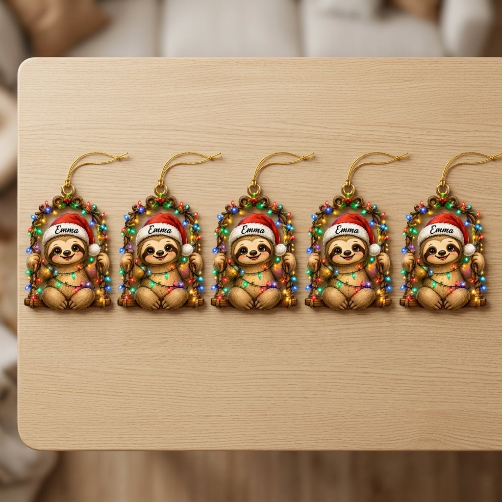 Personalized Cute Christmas Lights Sloth Wood & Acrylic Ornament – Sloth Lover Gift for Kids - mockup 4
