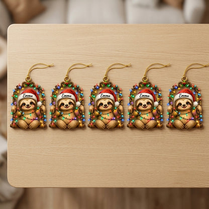 Personalized Cute Christmas Lights Sloth Wood & Acrylic Ornament – Sloth Lover Gift for Kids - mockup 4