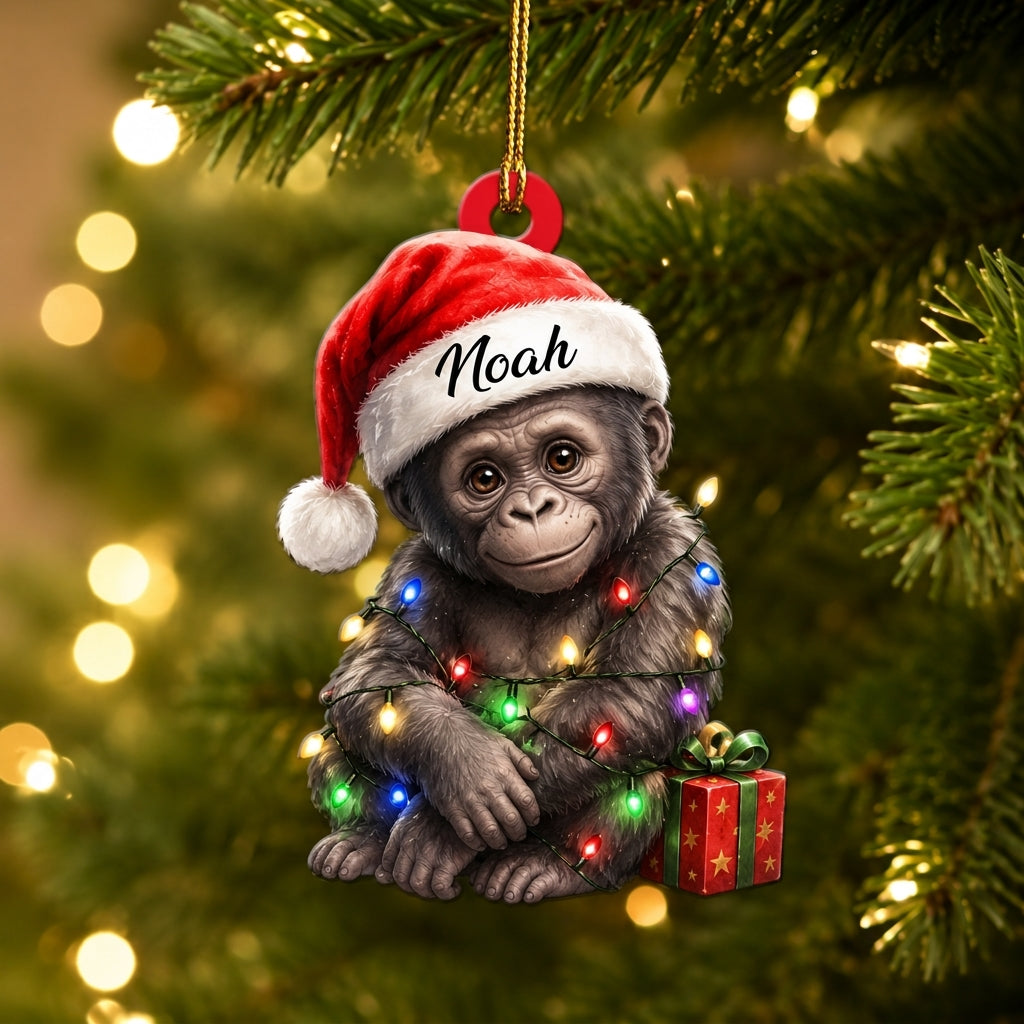 Personalized Cute Gorilla Smile with Christmas Gift Box Wood & Acrylic Ornament - mockup 1