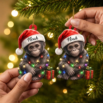 Personalized Cute Gorilla Smile with Christmas Gift Box Wood & Acrylic Ornament - mockup 2