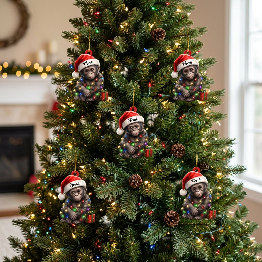 Personalized Cute Gorilla Smile with Christmas Gift Box Wood & Acrylic Ornament - mockup 3