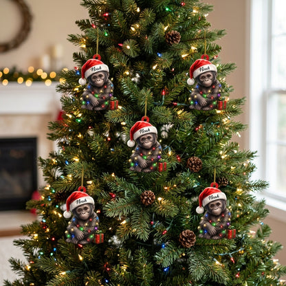 Personalized Cute Gorilla Smile with Christmas Gift Box Wood & Acrylic Ornament - mockup 3