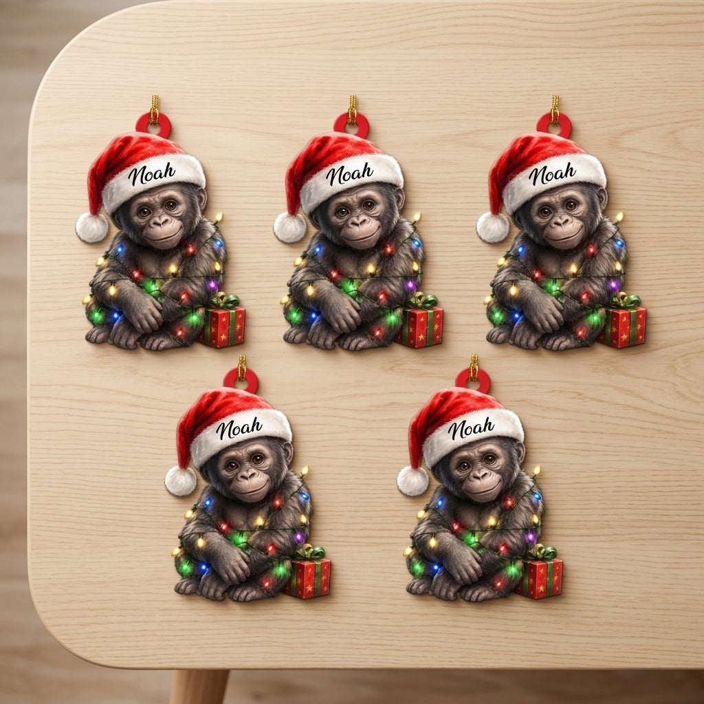 Personalized Cute Gorilla Smile with Christmas Gift Box Wood & Acrylic Ornament - mockup 4