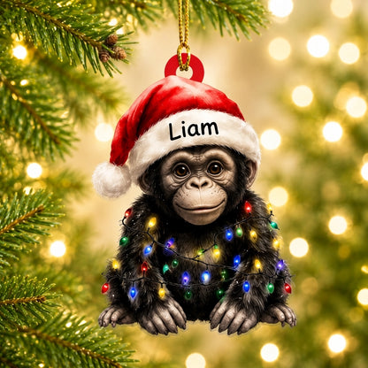 Personalized Cute Baby Gorilla with Santa Hat and Christmas Lights Wood & Acrylic Ornament - mockup 1