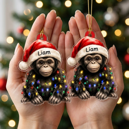 Personalized Cute Baby Gorilla with Santa Hat and Christmas Lights Wood & Acrylic Ornament - mockup 2
