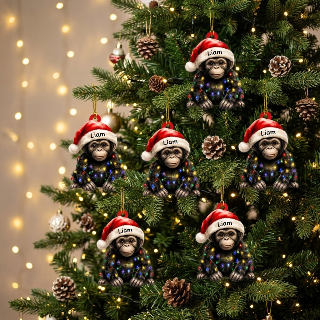 Personalized Cute Baby Gorilla with Santa Hat and Christmas Lights Wood & Acrylic Ornament - mockup 3