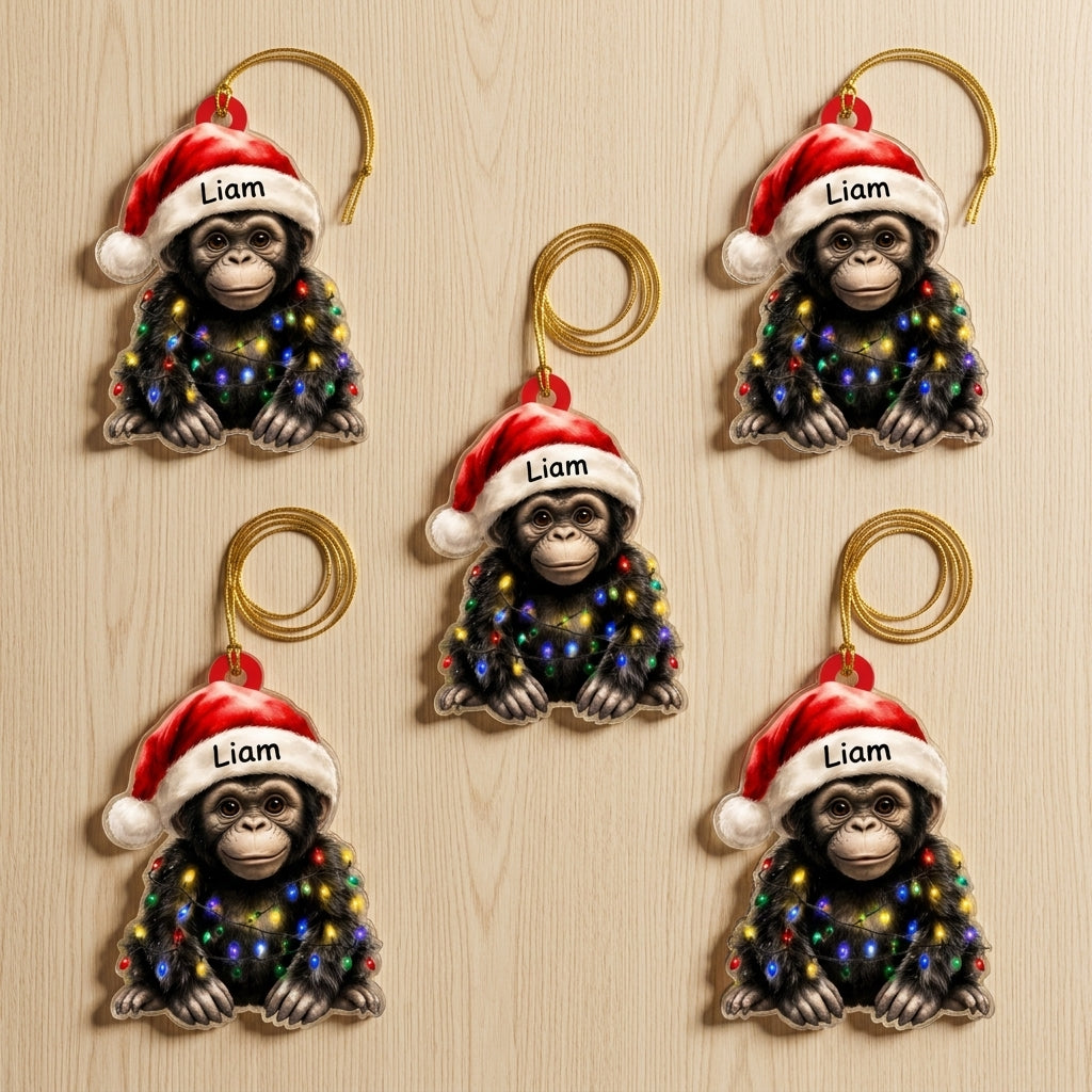 Personalized Cute Baby Gorilla with Santa Hat and Christmas Lights Wood & Acrylic Ornament - mockup 4