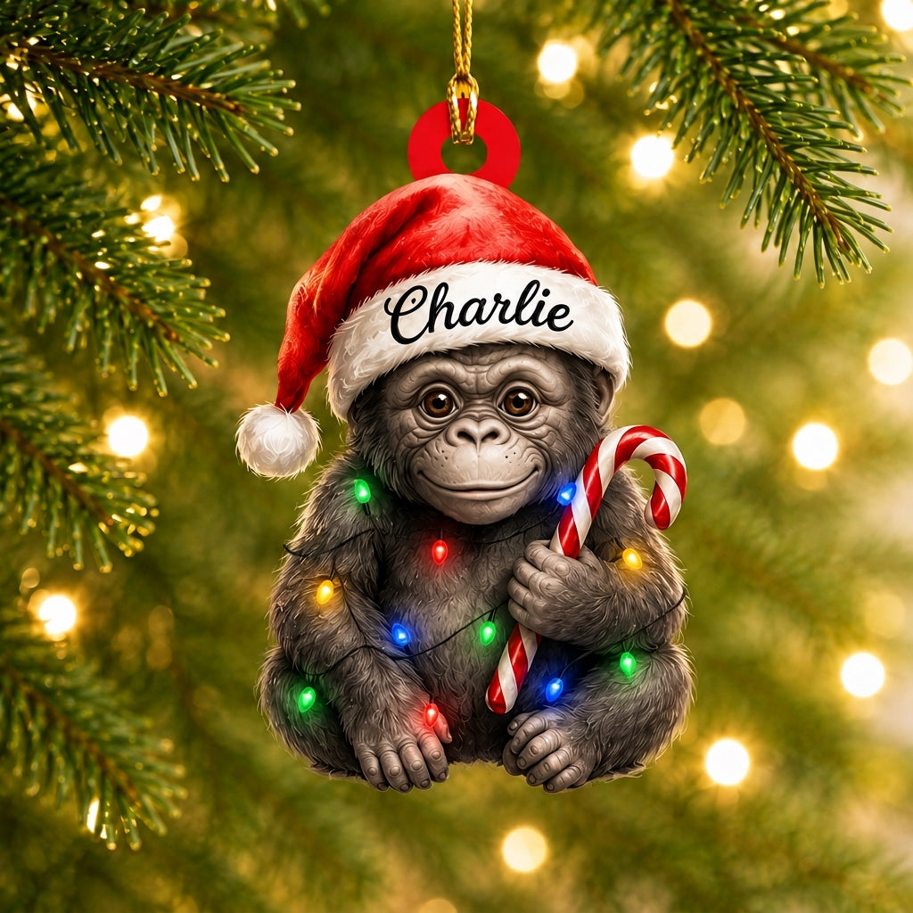 Personalized Cute Gorilla with Santa Hat Wood & Acrylic Ornament - Custom Holiday Gift - mockup 1