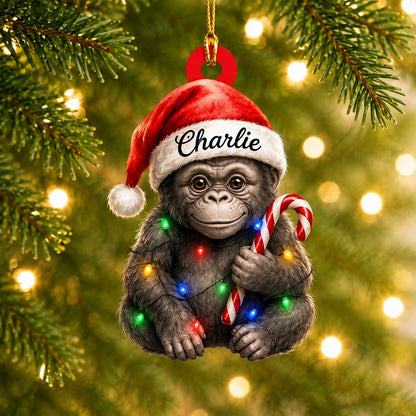 Personalized Cute Gorilla with Santa Hat Wood & Acrylic Ornament - Custom Holiday Gift - mockup 1
