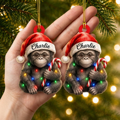 Personalized Cute Gorilla with Santa Hat Wood & Acrylic Ornament - Custom Holiday Gift - mockup 2