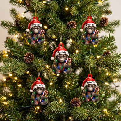 Personalized Cute Gorilla with Santa Hat Wood & Acrylic Ornament - Custom Holiday Gift - mockup 3
