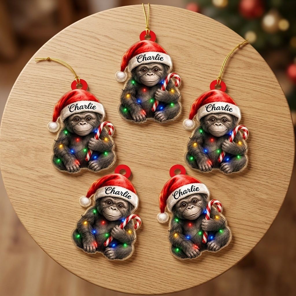 Personalized Cute Gorilla with Santa Hat Wood & Acrylic Ornament - Custom Holiday Gift - mockup 4