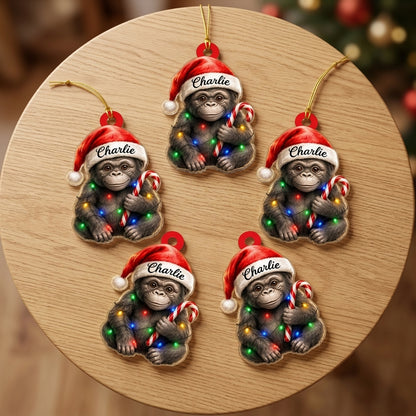 Personalized Cute Gorilla with Santa Hat Wood & Acrylic Ornament - Custom Holiday Gift - mockup 4