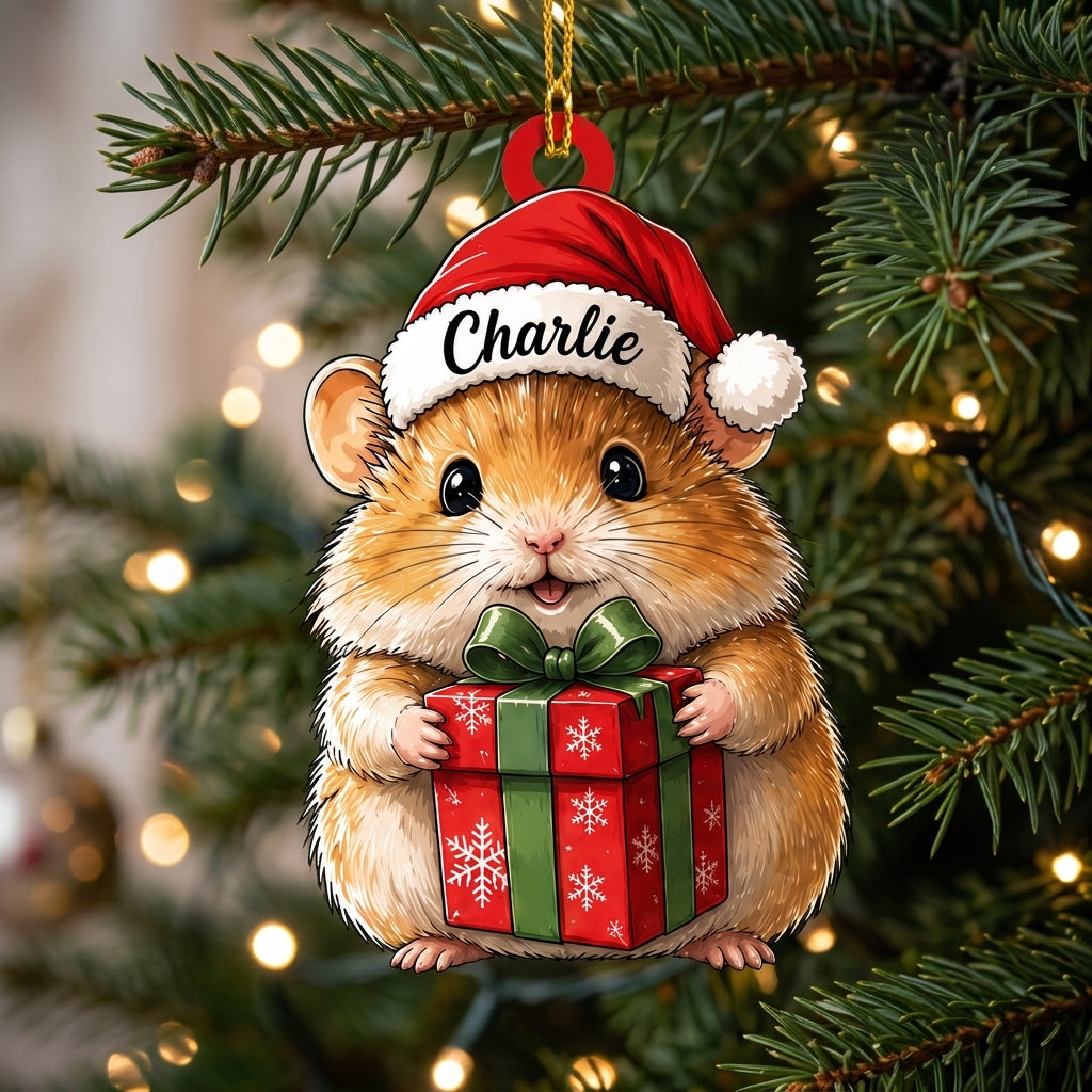 Personalized Cute Hamster with Christmas Gift Box Wood & Acrylic Ornament - Pet Holiday Keepsake - mockup 1