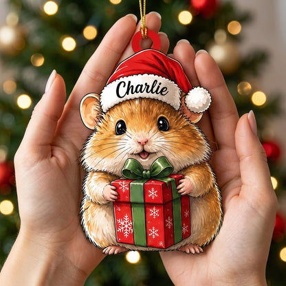 Personalized Cute Hamster with Christmas Gift Box Wood & Acrylic Ornament - Pet Holiday Keepsake - mockup 2