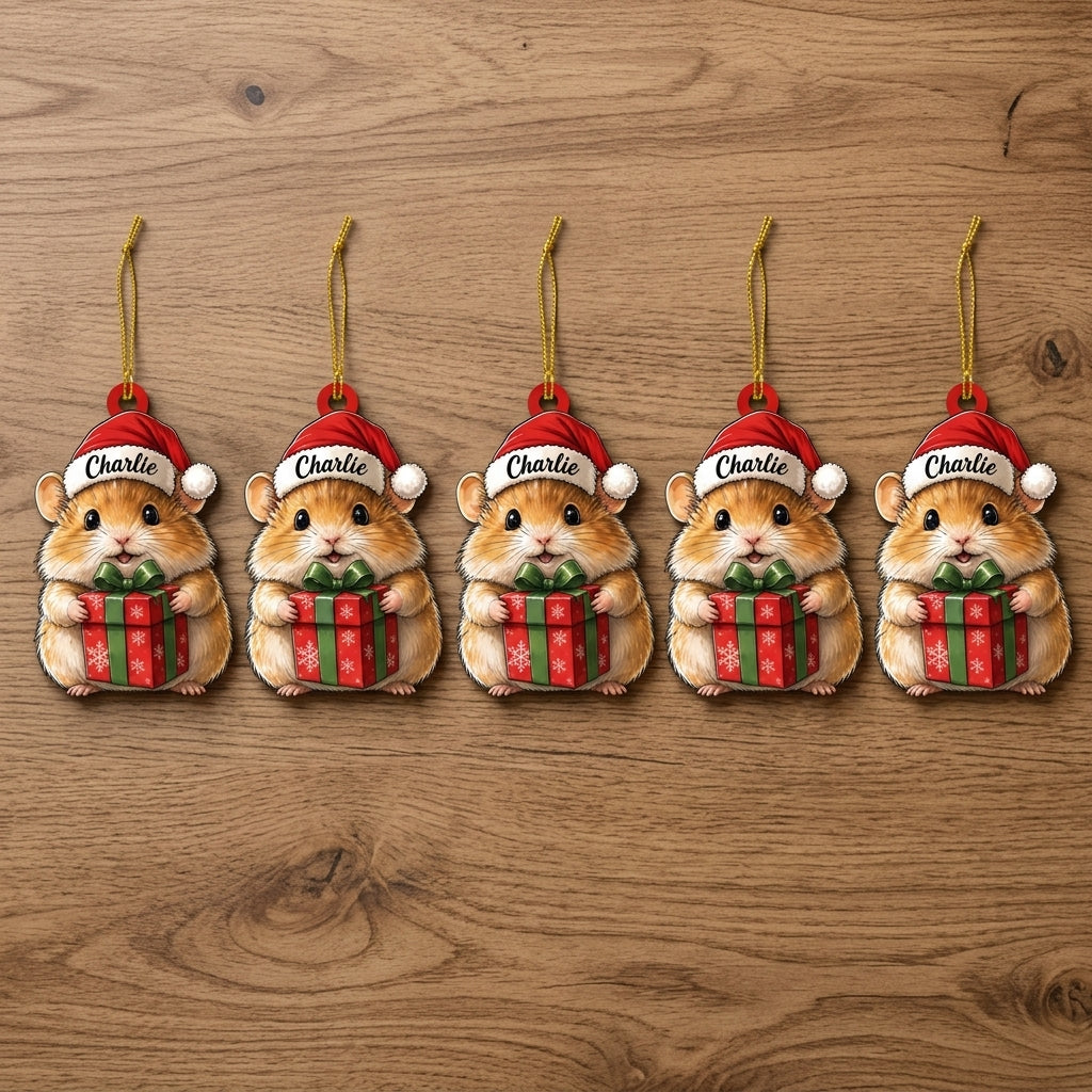 Personalized Cute Hamster with Christmas Gift Box Wood & Acrylic Ornament - Pet Holiday Keepsake - mockup 4