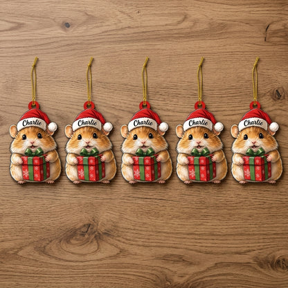 Personalized Cute Hamster with Christmas Gift Box Wood & Acrylic Ornament - Pet Holiday Keepsake - mockup 4