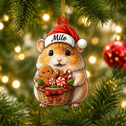 Personalized Hamster with Christmas Candy Basket Wood & Acrylic Ornament - Cute Kids Gift - mockup 1