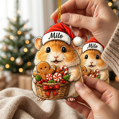 Personalized Hamster with Christmas Candy Basket Wood & Acrylic Ornament - Cute Kids Gift - mockup 2