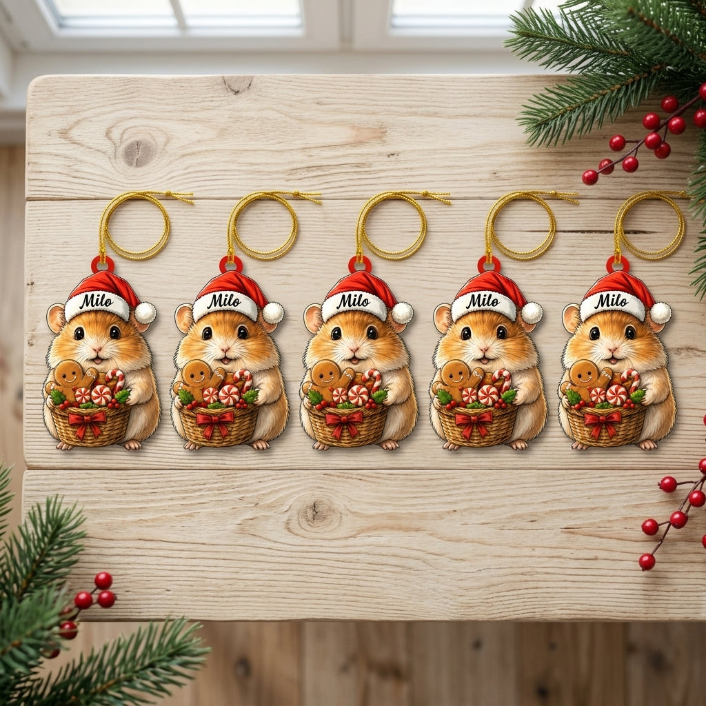Personalized Hamster with Christmas Candy Basket Wood & Acrylic Ornament - Cute Kids Gift - mockup 4