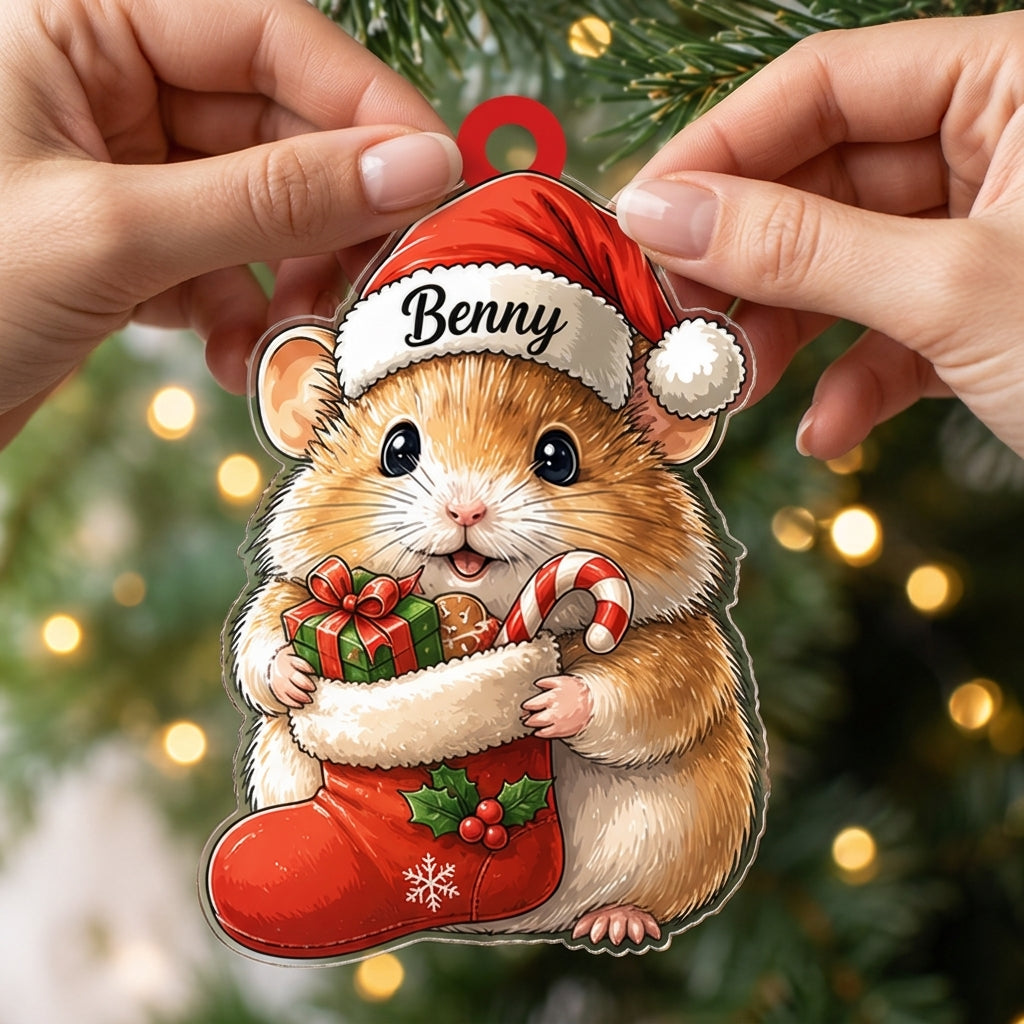 Personalized Cute Hamster in Stocking Wood & Acrylic Ornament – Cool Hamster Christmas Gift for Kids - mockup 2