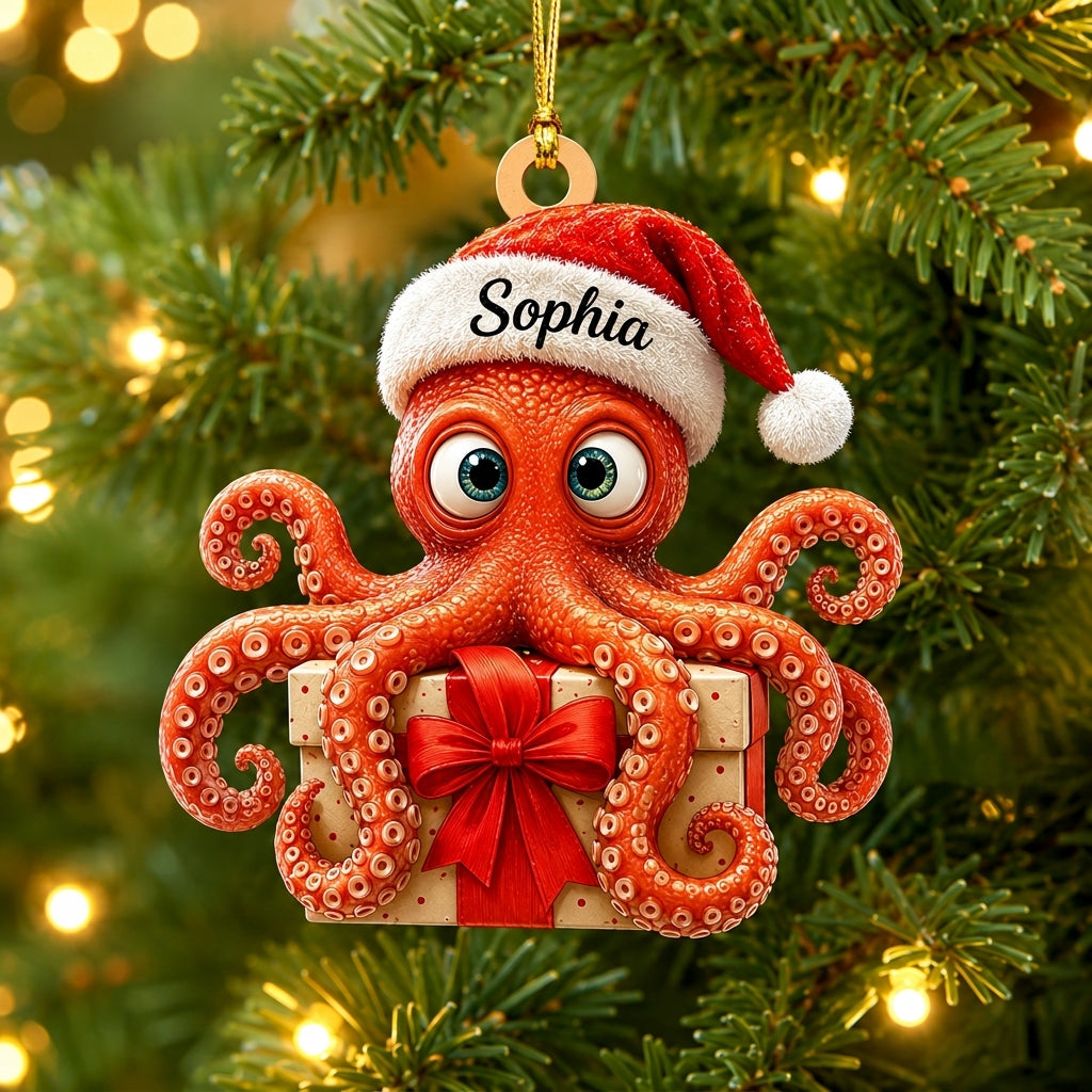 Personalized Cute Octopus With Santa Hat Wood & Acrylic Ornament – Custom Holiday Gift - mockup 1
